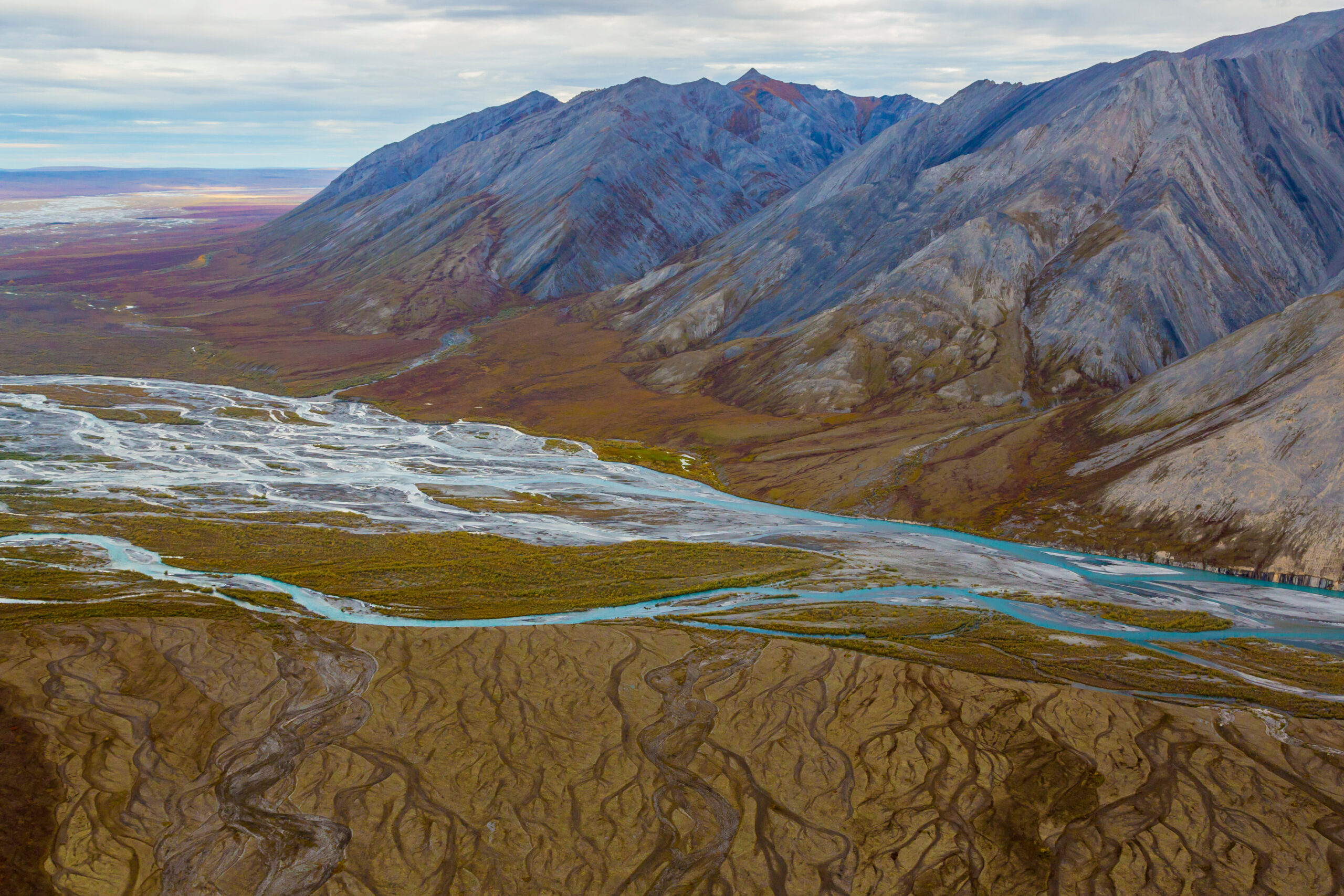 Alaska, Brooks Range, Arctic National Wildlife Refuge. Aerial of mountains and Ivishak River